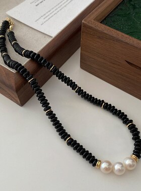 黑色串珠天然石项链2024新款时尚个性极简高P级感毛衣链珍珠锁骨