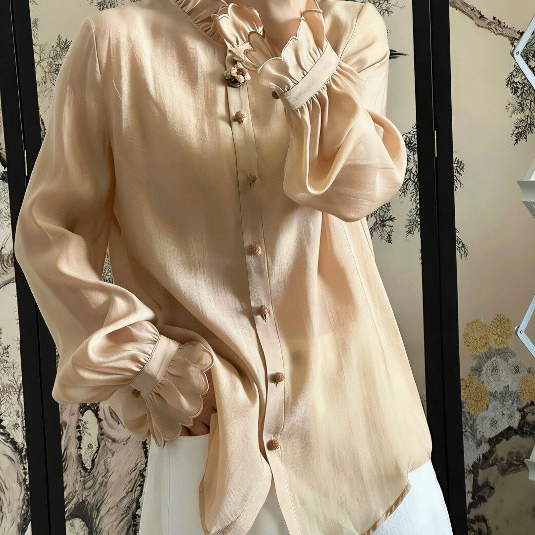 米米店26年早春法式木耳边单排扣天丝小衫YS243-G416,淘宝优惠券,粉丝福利购,淘宝优惠卷