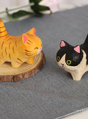 日式手工木雕大猫解压桌面摆件