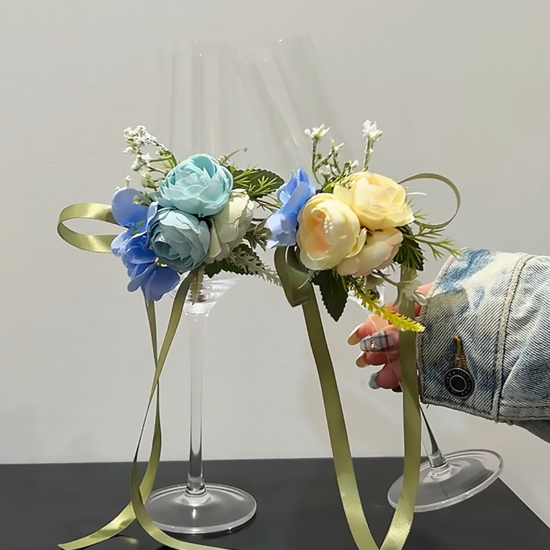 结婚敬酒杯一对韩系手工diy仿真花装饰香槟杯订婚结婚礼物高脚杯