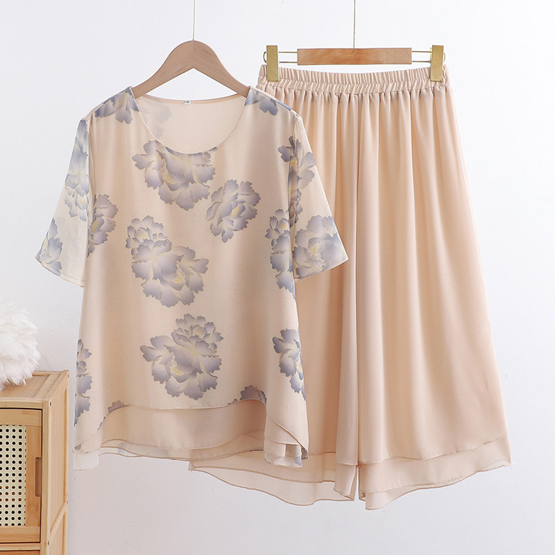 小个子妈妈气质夏装新款短袖T恤上衣母亲节中老年女雪纺套装洋气,淘宝优惠券,粉丝福利购,淘宝优惠卷