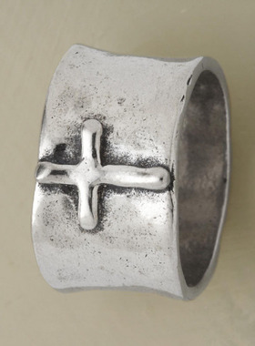 海饶2024temu热销银色宽面戒圈复古十字架造型流行饰品男女通用