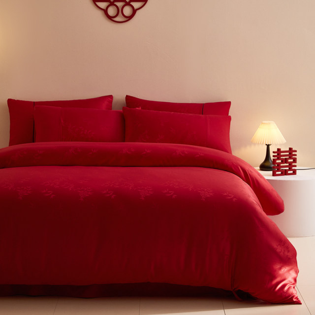 100S long velvet cotton wedding four-piece set of red bamboo flowers