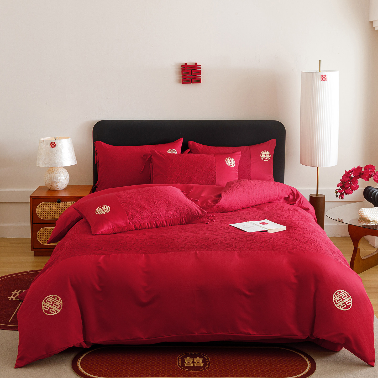 高档新中式全棉结婚四件套纯棉提花被套床单红色婚庆床上用品床笠,淘宝优惠券,粉丝福利购,淘宝优惠卷
