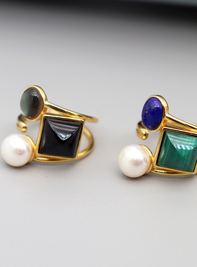 女925纯银珍珠戒指天然青金石