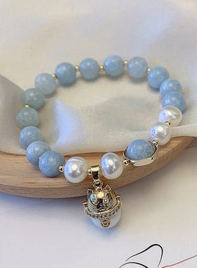 海蓝宝手链女ins设计淡水珍珠手串微镶猫手工手饰品