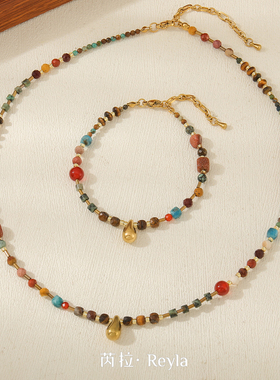 芮拉红色串珠天然松石锁骨链女复古美拉德棕色2025新款小众饰品