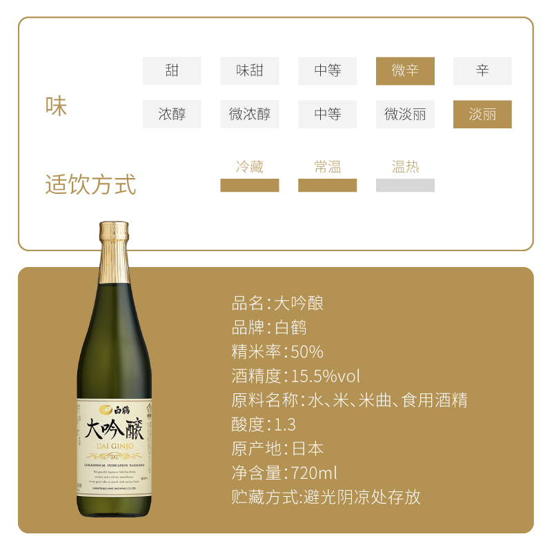 【顺丰包邮】白鹤大吟酿清酒米酒日式淡丽日料佐餐送礼清酒720ml-图2