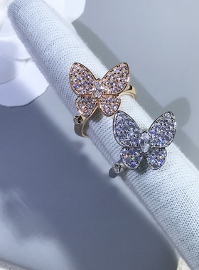 银镀18K金轻奢镶满钻石蝴蝶戒指