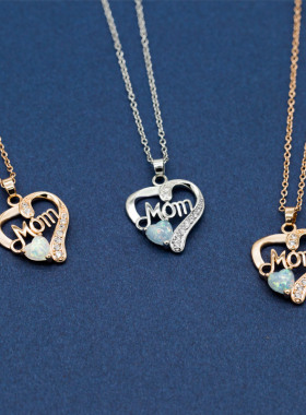 Mom Love-shaped Opal Necklace Silver Mother Birthday Gift