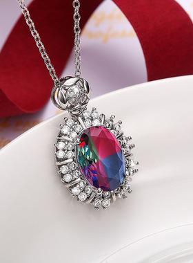 Palace Style Colored Gemstone Necklace Full Diamond Pendant