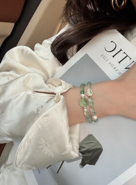 【绿蝴蝶】原创天然绿萤石淡水珍珠蝴蝶流苏双圈水晶手串葫芦精致