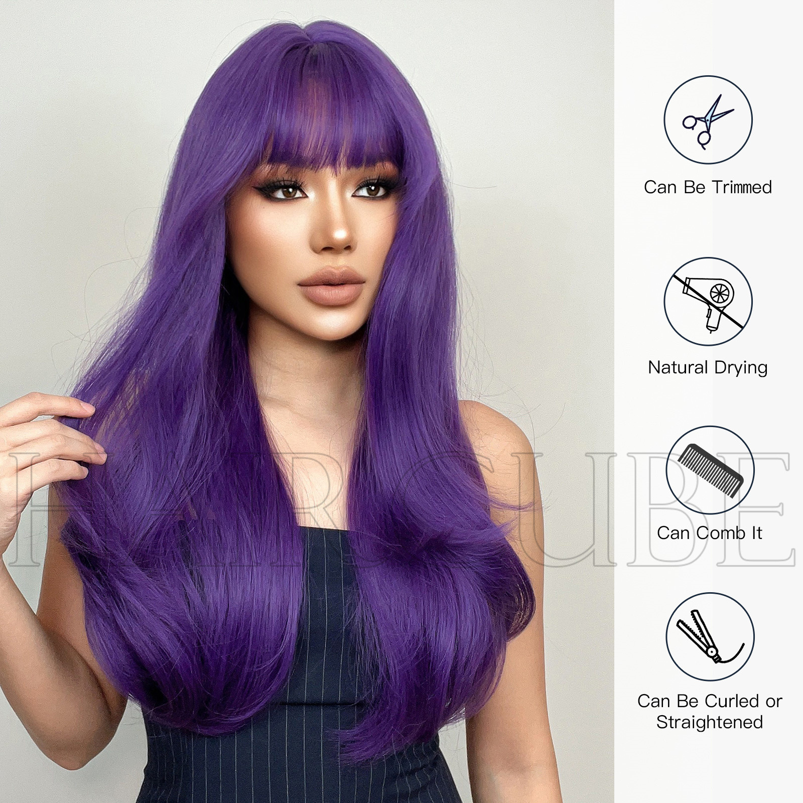 欧美紫色长卷发全头套假发 Purple long curly hair full set wig - 图2