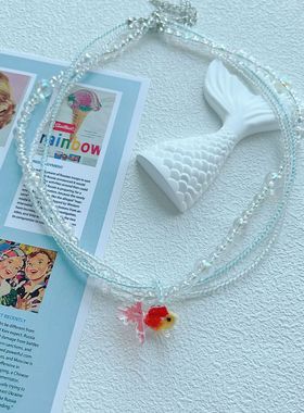 2025夏季ins新款小丑鱼项链 可爱童趣幻彩透明串珠红色金鱼项链