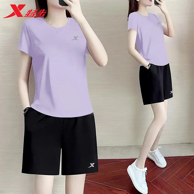 特步运动套装夏季薄款透气速干短袖短裤冰丝休闲运动服两件套女装 - 图0