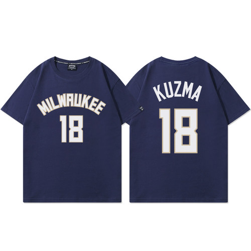 雄鹿队库兹马18号篮球衣男美式休闲运动训练短袖宽松纯棉半袖T恤 - 图0