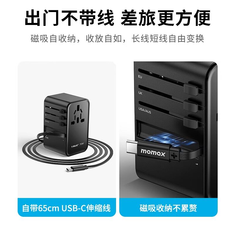 MOMAX摩米士70W氮化镓全球通用旅行转换插头出国英欧快充充电器适配iphone17苹果笔记本电脑多国快充插座日本,淘宝优惠券,粉丝福利购,淘宝优惠卷