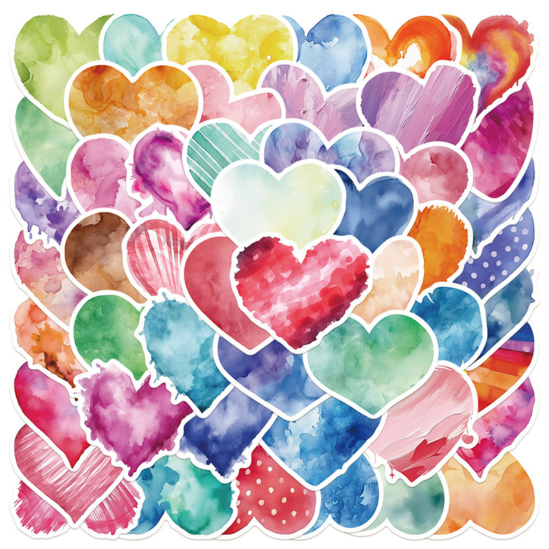 50张水彩画爱心贴纸创意情人节礼物封口贴手机壳diy手账本笔记本电脑水杯防水装饰贴画
