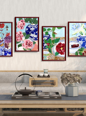 青花瓷瓷器装饰画新中式客厅书房挂画茶室蓝色花瓶花卉花瓶壁画
