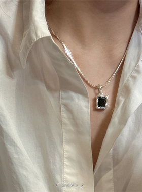 嘉兴银家s925纯银韩式小众高级黑玛瑙小方块吊坠ins精致质感项坠