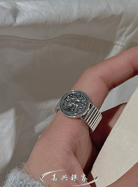 嘉兴银家s925纯银小众设计感做旧人像戒指女韩式重工复古简约指环