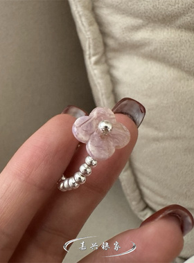 嘉兴银家s925纯银复古小众高级天然石串珠弹力绳戒指韩版简约指环