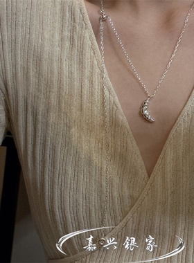 嘉兴银家s925纯银韩版小众高级牛角包甜甜圈项链复古抽拉毛衣链
