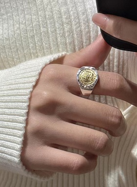 嘉兴银家S925纯银女王钱币金银撞色耳钉项链戒指韩式风复古套装