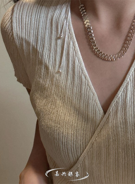 嘉兴银家s925纯银复古小众高级抽拉表带项链韩ins重工质感毛衣链