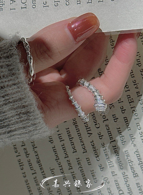 嘉兴银家s925纯银小众设计感纹理方形戒指女韩版复古简约轻奢指环