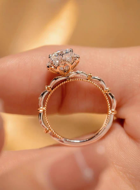 纯银加厚铂金莫桑石盛开玫瑰手捧花钻戒六爪求婚戒指礼物空托戒托