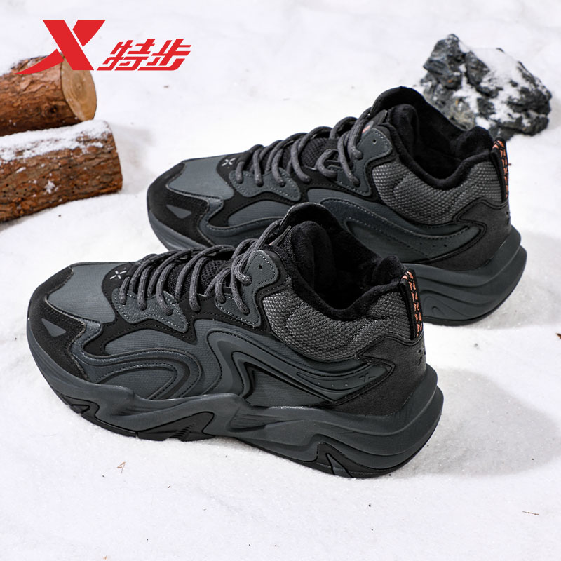 特步男鞋高帮加绒棉鞋闪电6冬季皮面复古保暖雪地靴休闲鞋运动鞋 - 图1