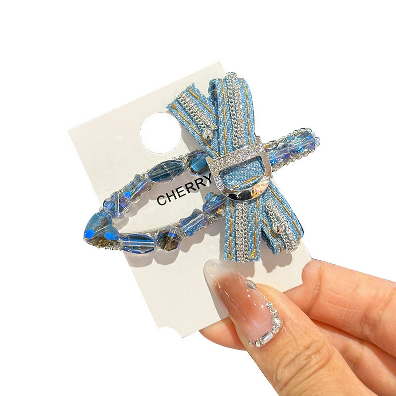 韩系气质复古牛仔蝴蝶结满钻发夹水晶鸭嘴夹边夹刘海侧边夹子头饰,淘宝优惠券,粉丝福利购,淘宝优惠卷