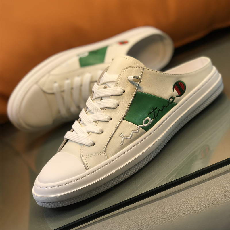 欧洲站男鞋真皮包头半拖鞋男潮刺绣小白鞋夏季透气无后跟板鞋白色 - 图2