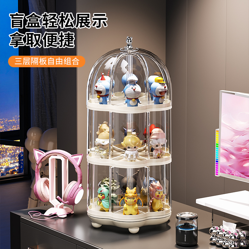 手办展示柜盲盒二次元旋转展示架透明亚克力小摆件泡泡玛特收纳盒 - 图0