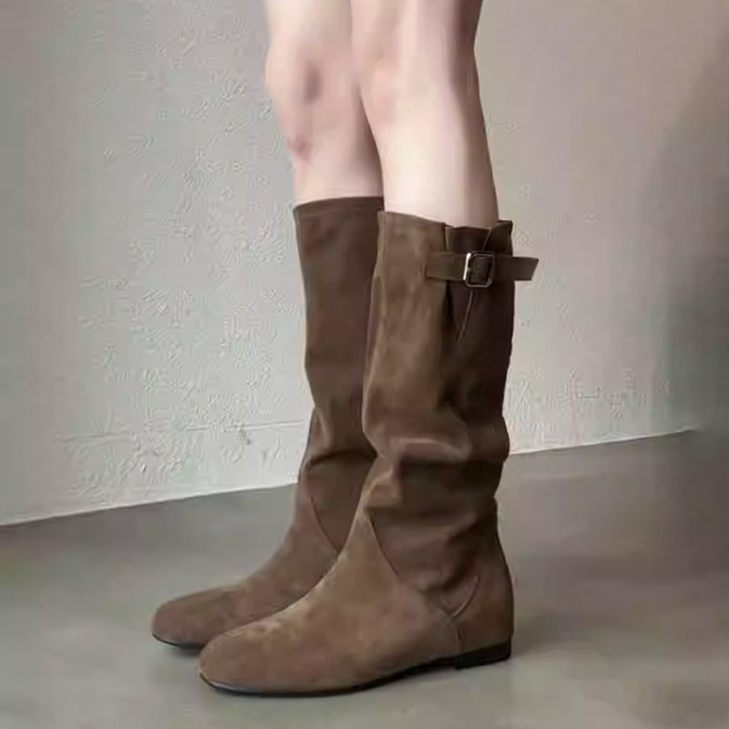 羊皮版~法式复古西部牛仔靴显瘦中筒褶皱骑士靴女时尚百搭时装靴,淘宝优惠券,粉丝福利购,淘宝优惠卷