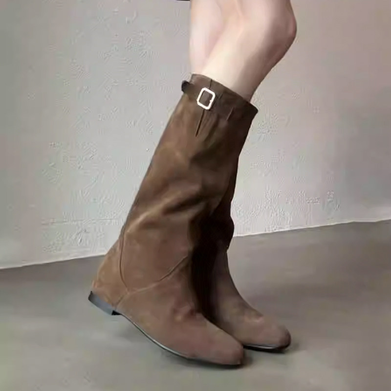 羊皮版~法式复古西部牛仔靴显瘦中筒褶皱骑士靴女时尚百搭时装靴,淘宝优惠券,粉丝福利购,淘宝优惠卷