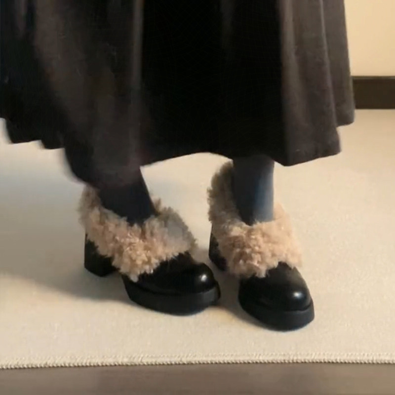 牛皮版~方头毛毛鞋一脚蹬复古加绒保暖玛丽珍小皮鞋棉鞋粗跟单鞋,淘宝优惠券,粉丝福利购,淘宝优惠卷