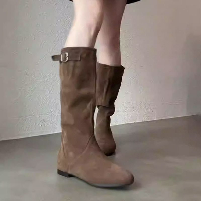 羊皮版~法式复古西部牛仔靴显瘦中筒褶皱骑士靴女时尚百搭时装靴,淘宝优惠券,粉丝福利购,淘宝优惠卷