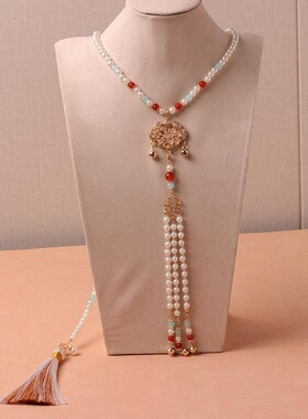 项链颈饰红色复古长款牡丹锁古风压襟唐风长项链平安锁汉服背云