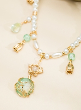 明制复古唐风颈饰配饰仿珍珠汉元素简约超仙绿色项链水滴古风古装