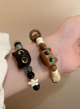 「甜酷小喵」ins小众设计黑色卡通小猫咪编织手链情侣送闺蜜礼物~