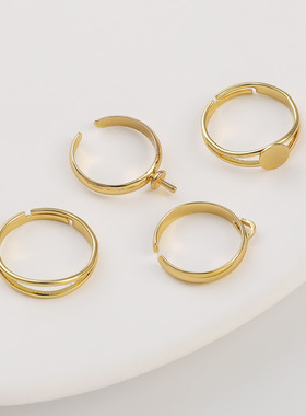 铜镀14K包金保色半孔珠托平托戒指手工diy平托空戒托饰品材料配件