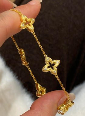 精工银色小红书爆款中古拉丝金色四叶草手链小众出游金色四叶草