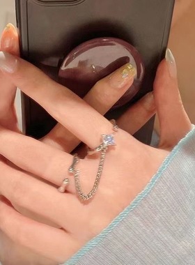 叠戴款浪漫氛围感水晶锆石链条组合戒指女可调节ins小众设计双指
