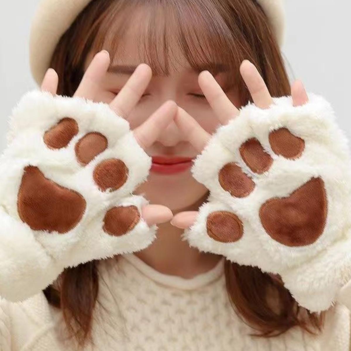 秋冬季加厚保暖半指可爱女士毛绒学生键盘猫爪手套猫咪动漫米白