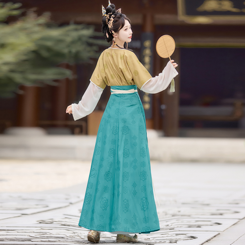 瑶圃宴新款原创唐制汉服印花坦领唐褙子春夏圆领衫齐腰破裙日常款 - 图1