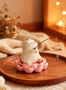 可爱猫咪钓鱼陶瓷桌面摆件