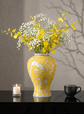 新中式黄色陶瓷手绘花瓶摆件
