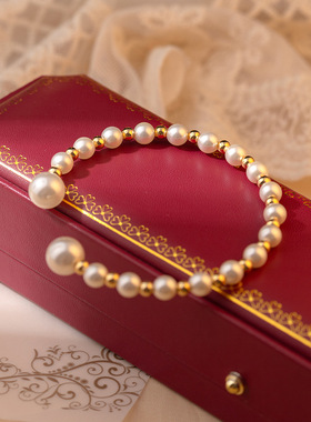 法式小众手镯电镀真金轻奢高级感珍珠手镯开口手工串珠首饰饰品